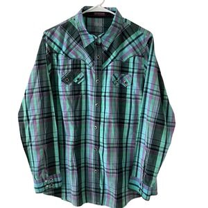 Rock 47‎ by Wrangler Plaid Western Shirt XL Turquoise Green Purple Long Sleeve